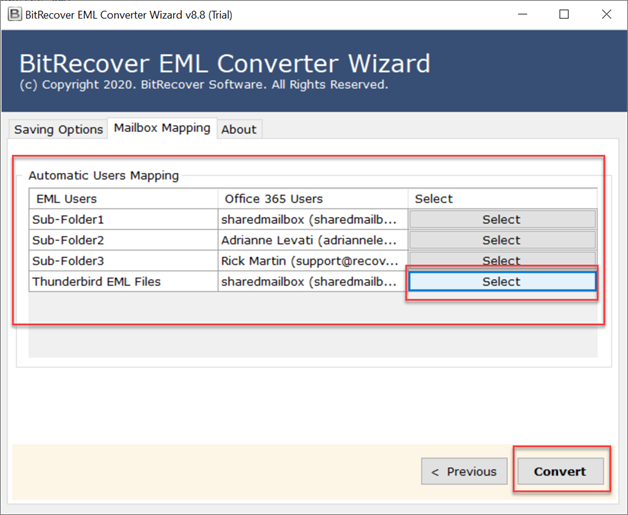 mailbox mapping for open eml file in office 365