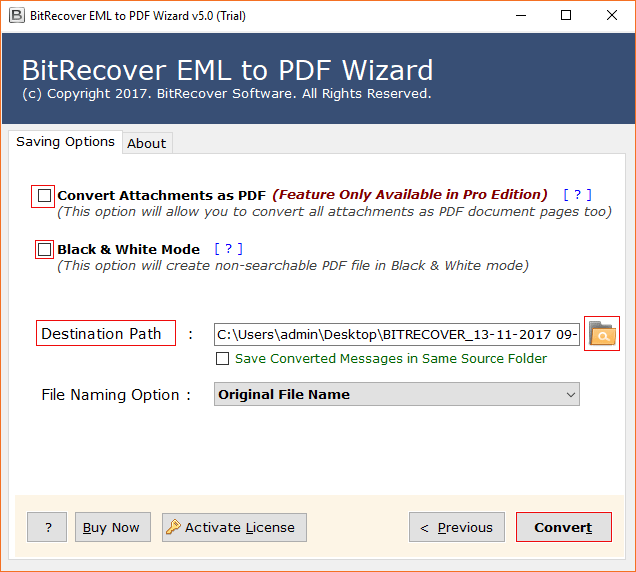 Aktivieren Sie die Option zum Konvertieren von EML in PDF