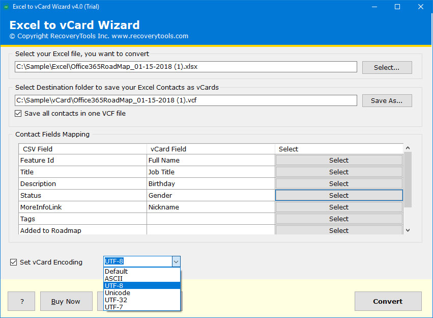 select any vCard encoding
