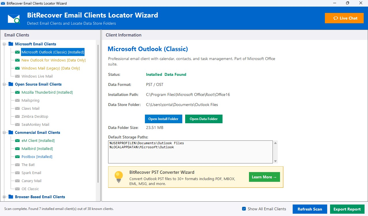 Email Clients Locator Wizard - Main Interface showing detected email clients and data folder information