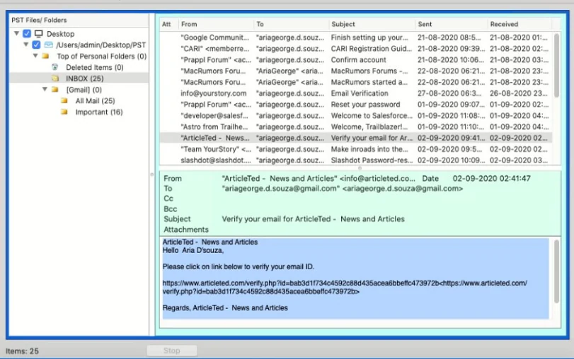 Single email opened in the preview pane with headers and body on macOS