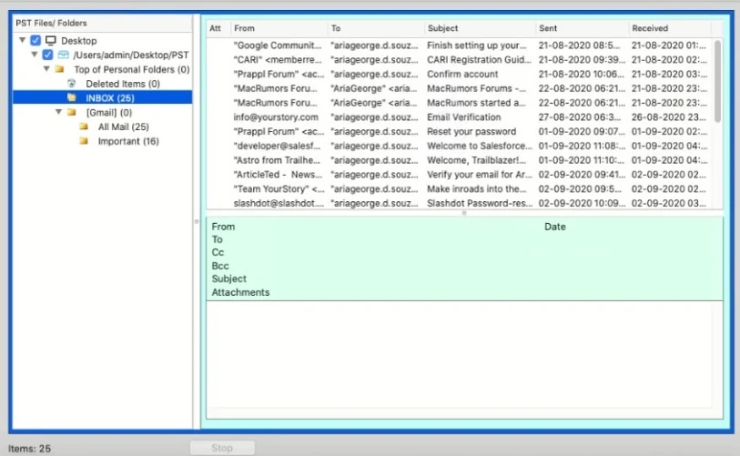 PST inbox emails listed with sender, subject and date on macOS