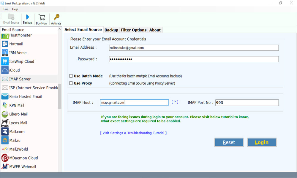 credentials of IMAP