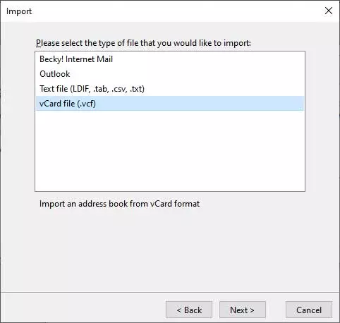 Choose vCard file