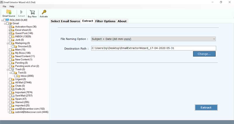 select destination path to export emails from Bluehost 