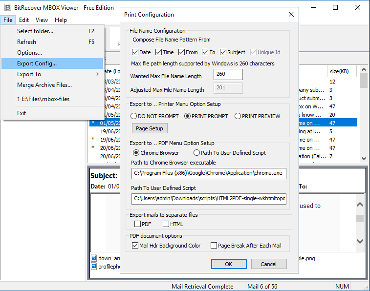 Export configuration