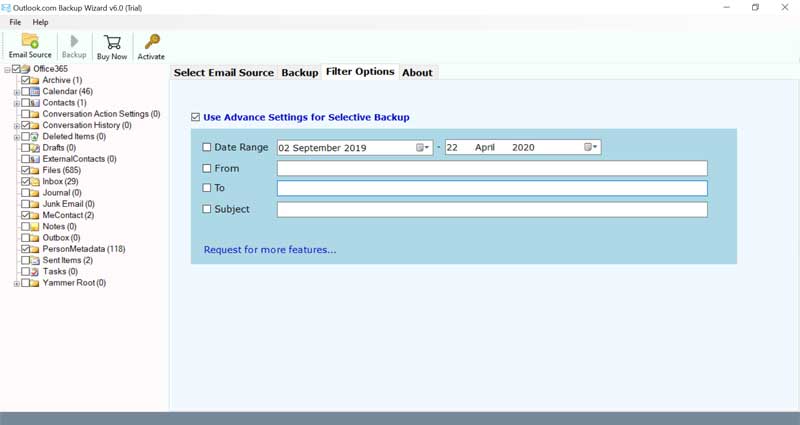 Use filters to backup Hotmail emails