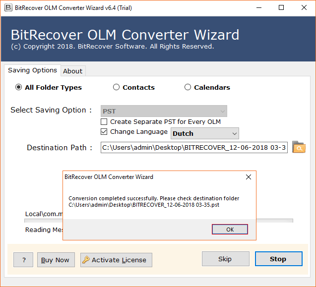 Process completed olm to Outlook windows