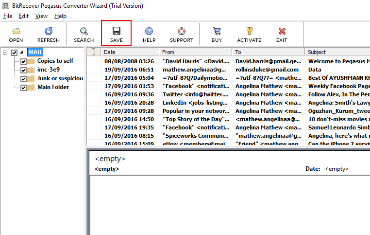 BitRecover Pegasus Mail Converter mailbox view