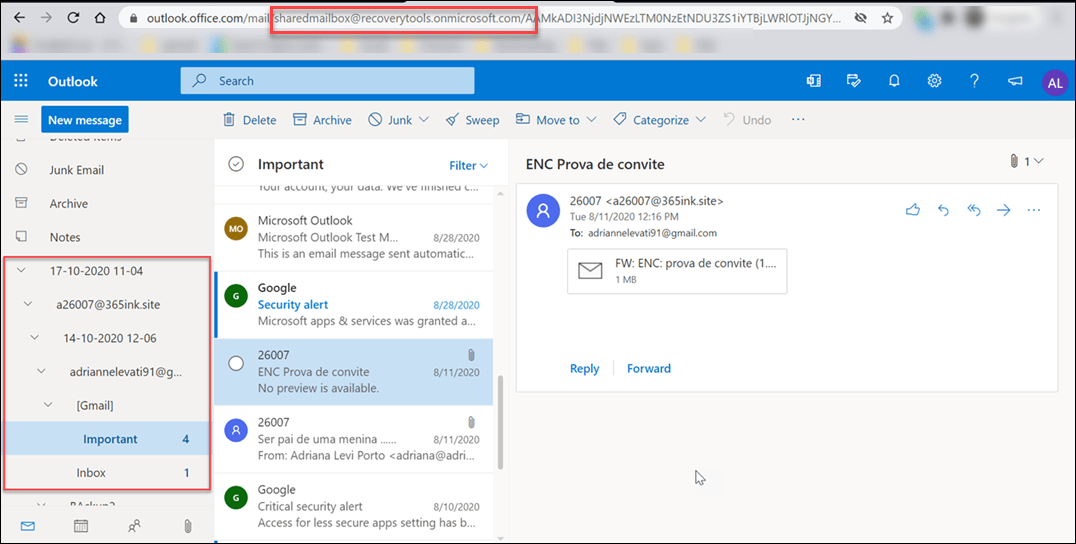 output data after import pst to shared mailbox 